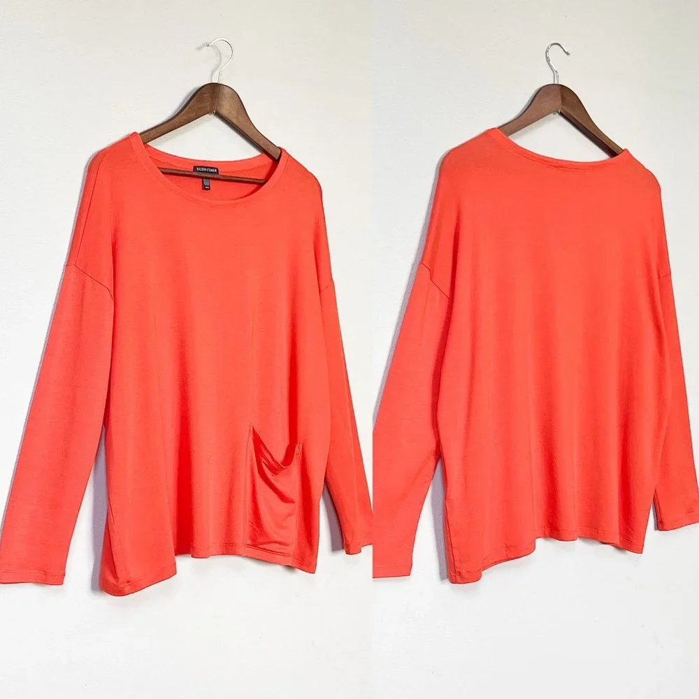Eileen Fisher Tencel Stretch Terry Patch Pocket Long Sleeve Top Hot Red Orange M - Picture 3 of 15